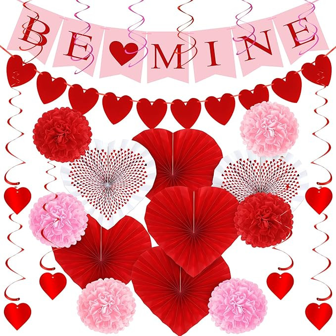 26PCS Valentines Decorations, Happy Valentines BE MINE Banner, Heart Felt Garland Paper Fans POMP... | Amazon (US)