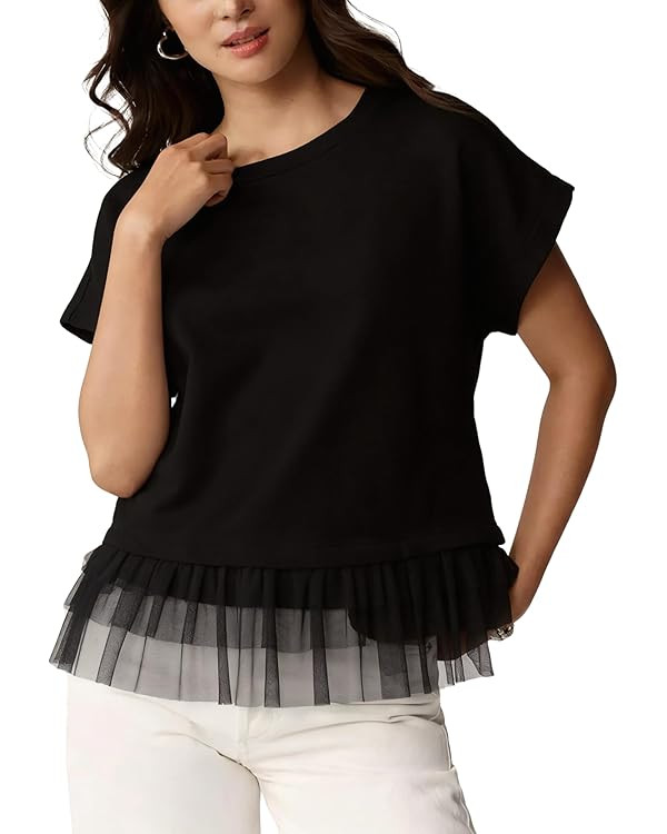 SKIKYAN Women's Short Sleeve Top Crew Neck Mesh Ruffle Trim Hem T Shirts Loose Fit Casual Blouse ... | Amazon (US)