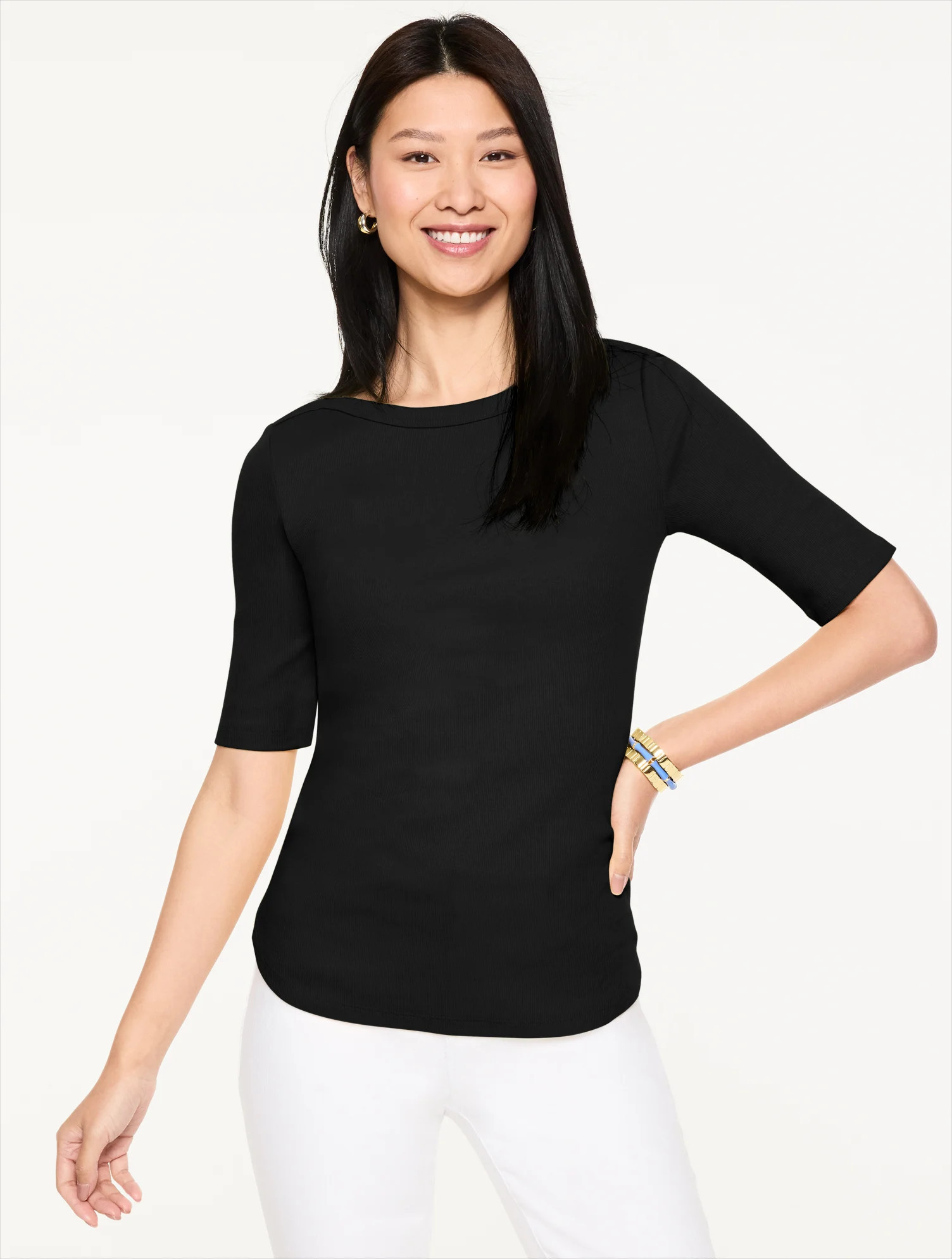 Ribbed Bateau Neck T-Shirt - Black - XL Talbots | Talbots
