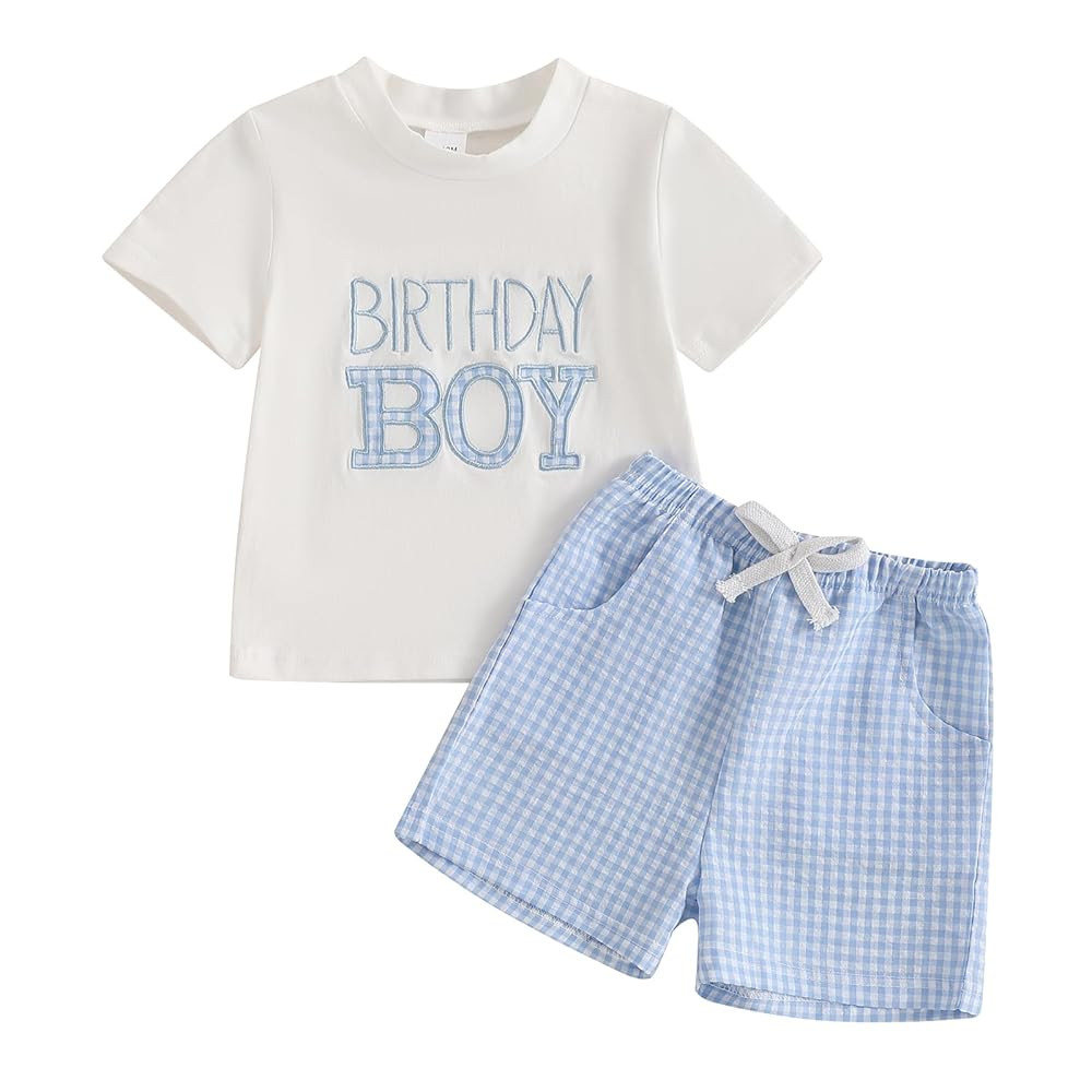 Toddler Baby Boy Girl First Birthday Outfit Short Sleeve Shirt Plaid Shorts Sets Summer Birthday ... | Amazon (US)