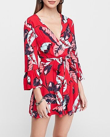 Floral Ruffle Bell Sleeve Wrap Front Romper | Express