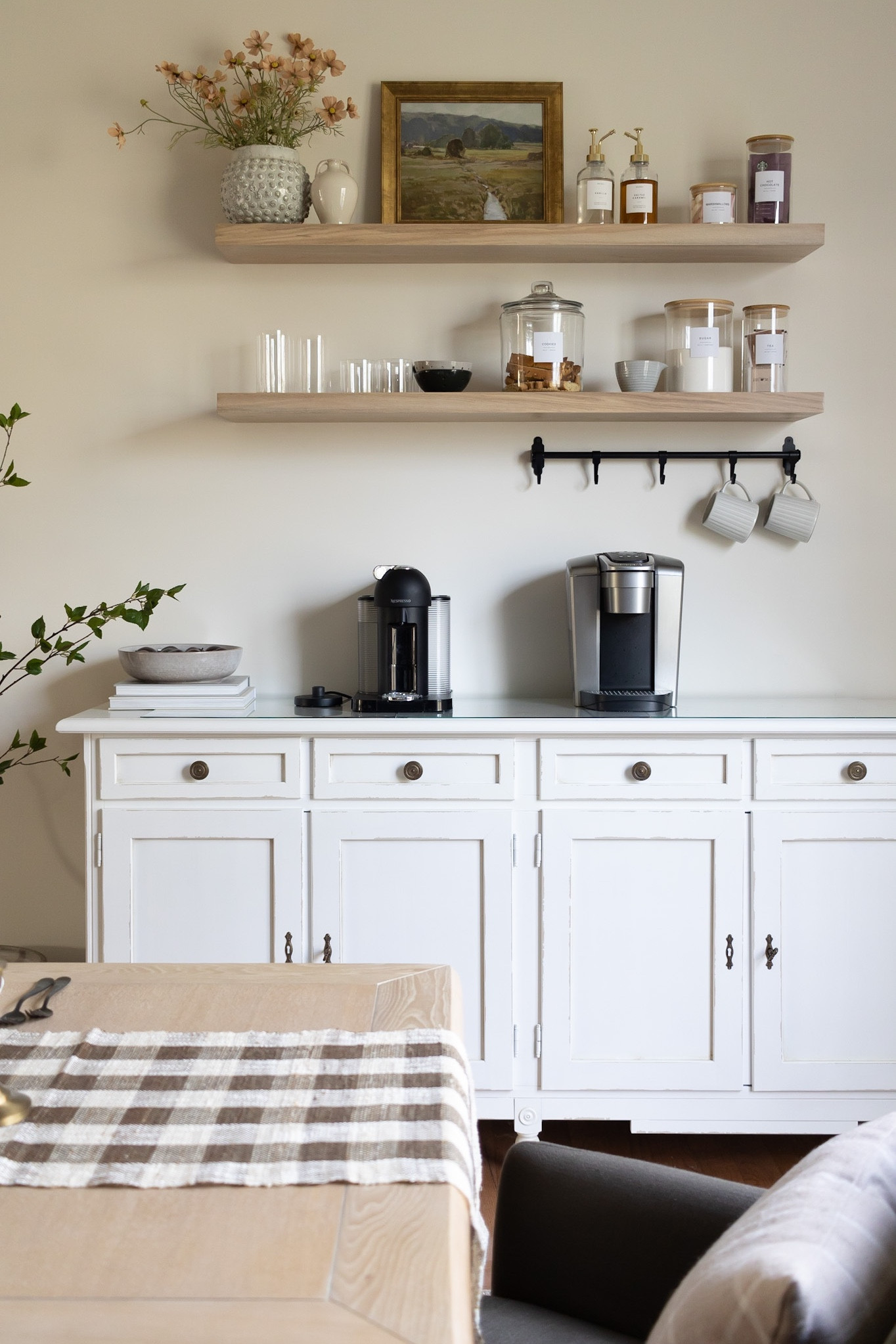 Coffee bar.  Shelves.  Coffee maker.  Espresso machine.  Sideboard.  Syrup pumps.  Jars.  Labels.  Faux tree. Ultra shelf.  Target.  Amazon.  Nespresso.  Keurig.  Nearly natural.  Ballard designs.  Studio McGee.

#LTKhome #LTKSeasonal #LTKFind