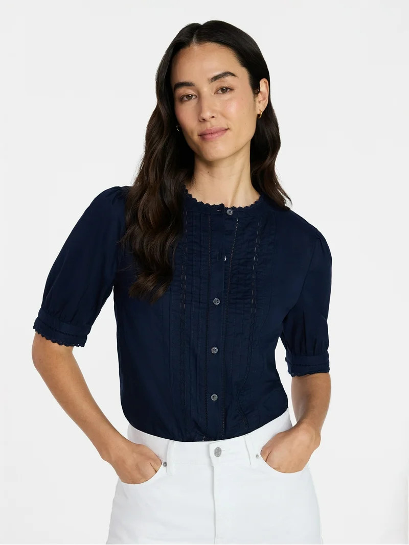 Time and Tru Women's and Women's Plus Short Sleeve Lace Insert Button Front Top, Sizes XS-4X | Walmart (US)