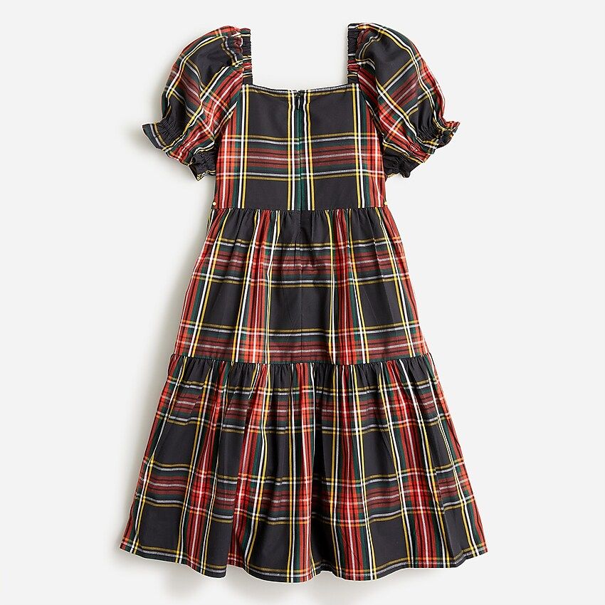 Girls' squareneck tiered dress in black Stewart tartan | J.Crew US