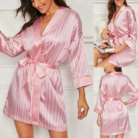 Feancey Womens Satin Robe Fashion Striped Short Kimono Sleepwear 3/4 Sleeve Soft Silk Bathrobe for Bride Cozy Belted Bridesmaid Nightgowns Pink 2XL | Walmart (US)