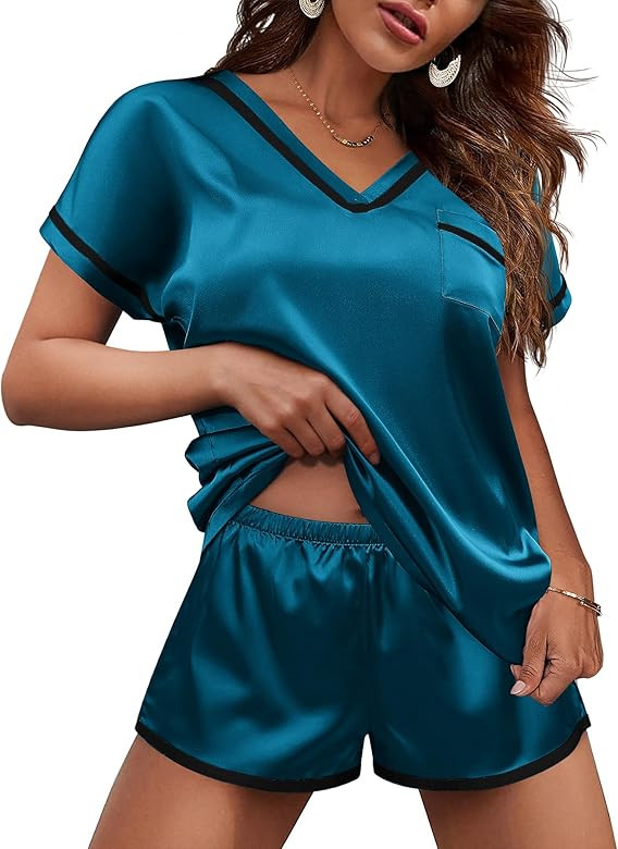 Ekouaer Satin Pajamas Set for Women Short Sleeve V Neck Tops with Pocket 2 Piece Pjs Silk Sleepwe... | Amazon (US)