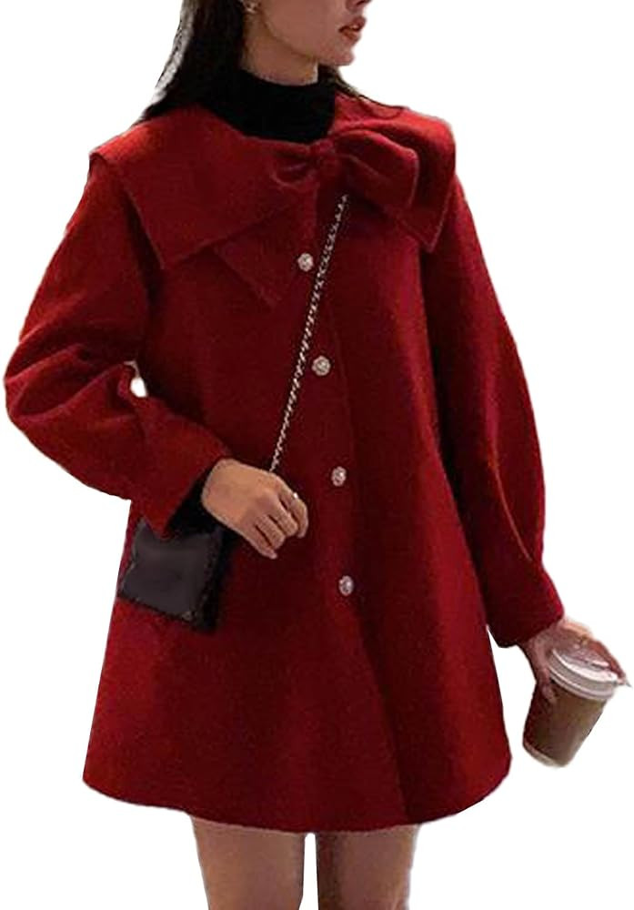SOMTHRON Women's Cute Trench Coat Bow Lapel Single Breasted Jacket Pea Coat A Line Wool Blend Ove... | Amazon (US)