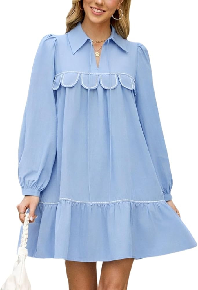 Women’s Long Sleeve Mini Dress Loose Fit Collared Casual Dress Ruffle Hem Elegant Shift Dress | Amazon (US)