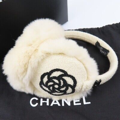 CHANEL CC Camellia Ear Muffs Ear Pads Lapin Fur Tweed Rhinestone White 78667  | eBay | eBay US
