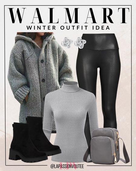 Chase away the chill in style with Walmart's winter essentials! Snuggle up in a knitted hooded winter cardigan, rock the trend in faux leather leggings, and stay warm with a chic turtleneck top. Complete the look with a sling bag, sleek black boots, and a touch of edge – stud earrings. Winter chic, perfected! ❄️

#LTKSeasonal #LTKHoliday #LTKstyletip