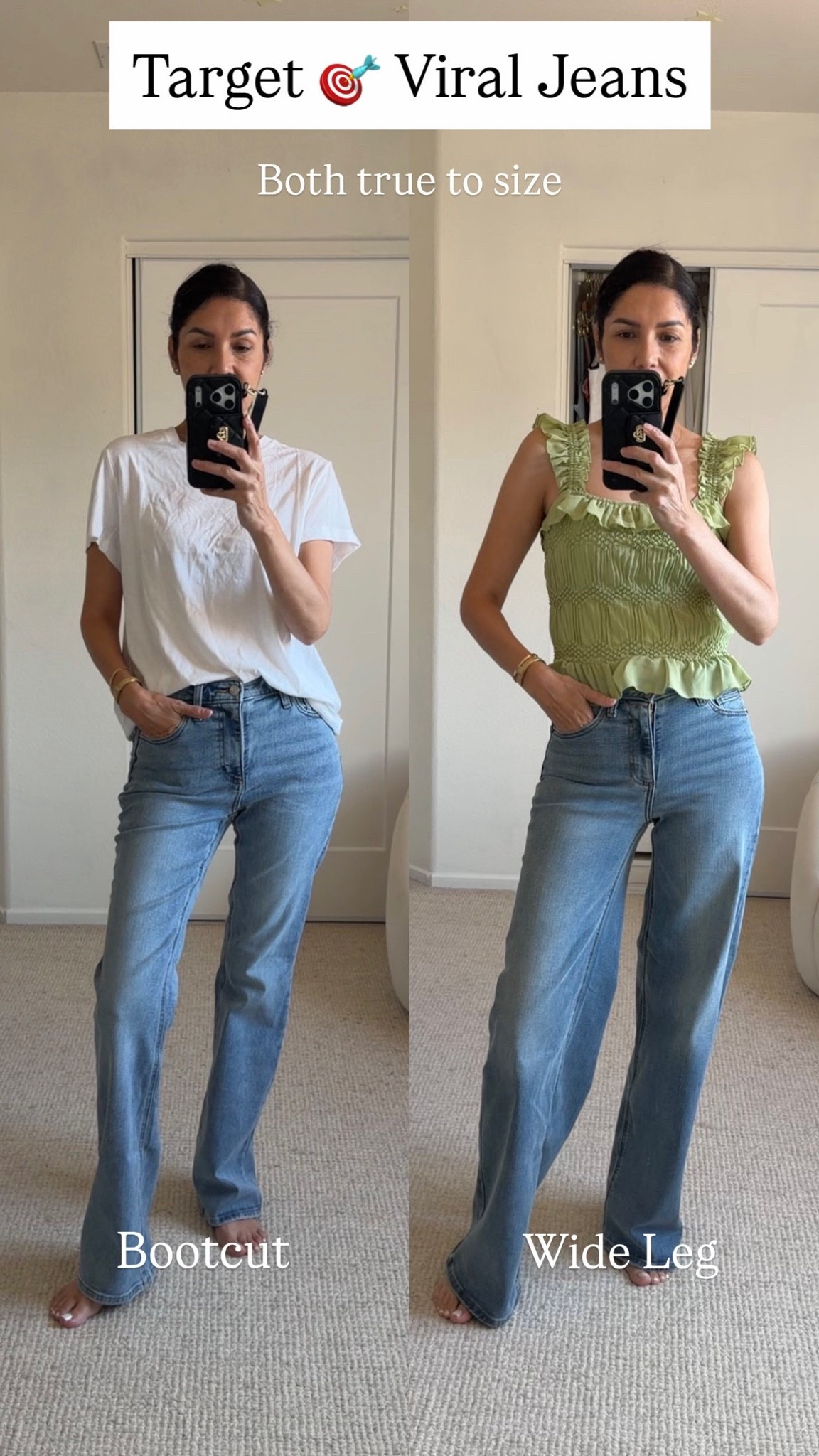 Target finds.
The Target viral Jeans are on sale under $20!!

Run and secure your size. Regular, petite and plus available! 
These run true to size and have a lot of stretch.

➡️Wearing size 4 Regular on both - true to size! 

➡️ My Body dimensions 
Bra: 32C (81 cm)
Waist:26" (66 cm)
Hips: 38" (96.5 cm)
Height: 5'7" (170 cm)

Denim jeans, viral denim jeans, jeans , target jeans

#LTKSaleAlert #LTKU #LTKootd