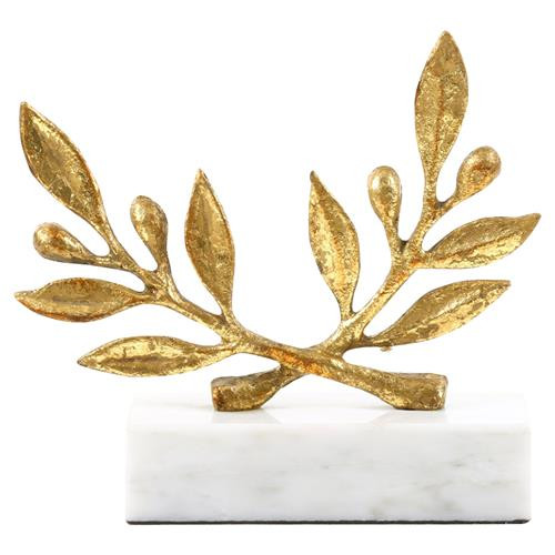 Villa & House Olive Branch Gold Leaf Iron White Marble Base Sculpture | Kathy Kuo Home