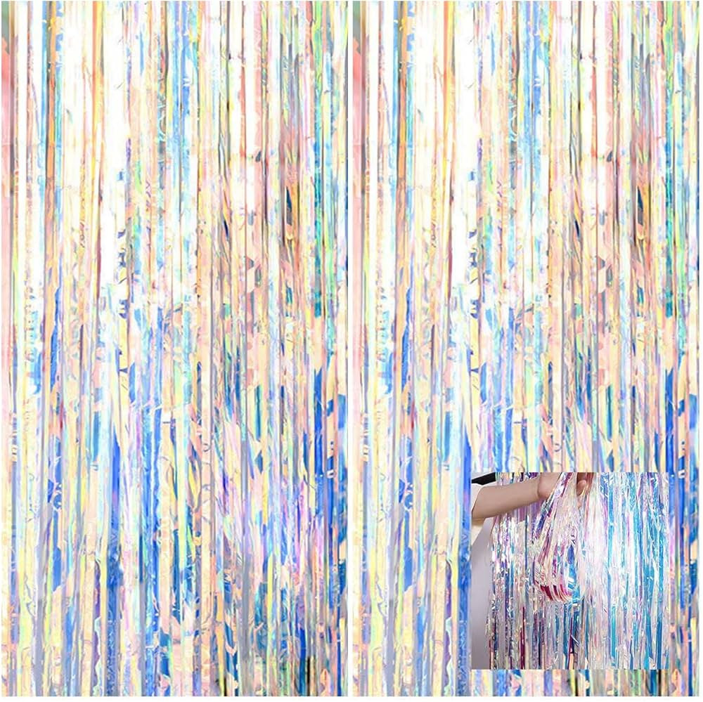 2 Pack Neon Clear Foil Tinsel Curtain(3.2ftx 8.2ft),Iridescent Glitter Metallic Fringe Curtain fo... | Amazon (US)
