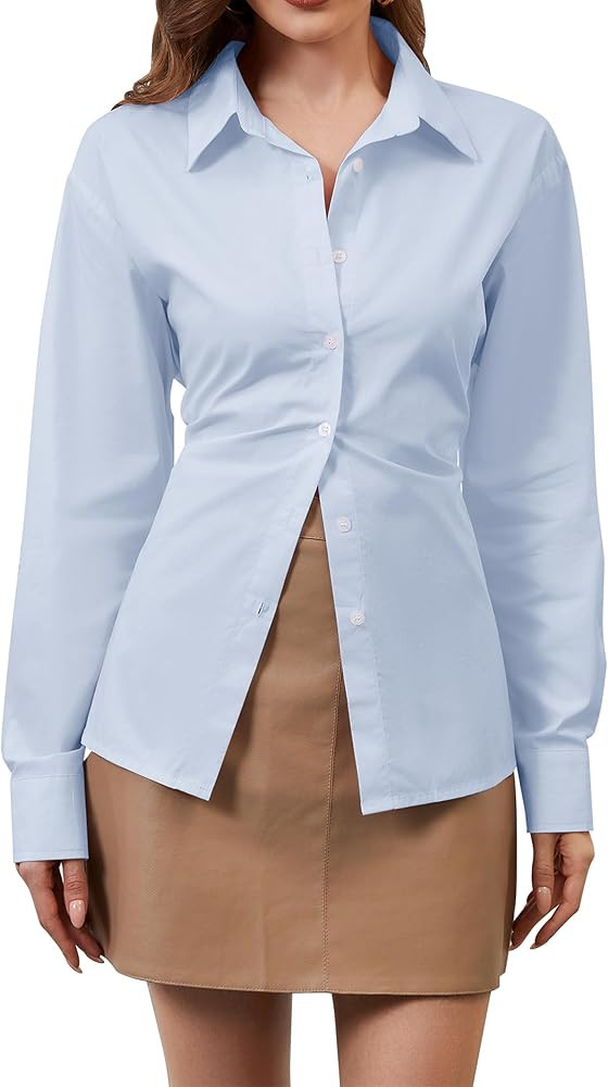MISSACTIVER Women's Lapel Collar Button Down Shirt Cinch Waist Long Sleeve Casual Work Dressy Tun... | Amazon (US)