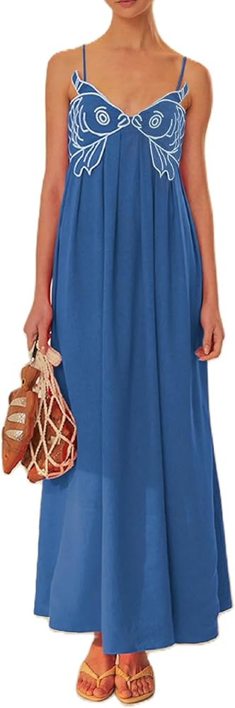 UAURORAO Women Koi Fish Maxi Dress 3D Embroidered Sardine Long Cami Dress Spaghetti Strap Boho Fl... | Amazon (US)