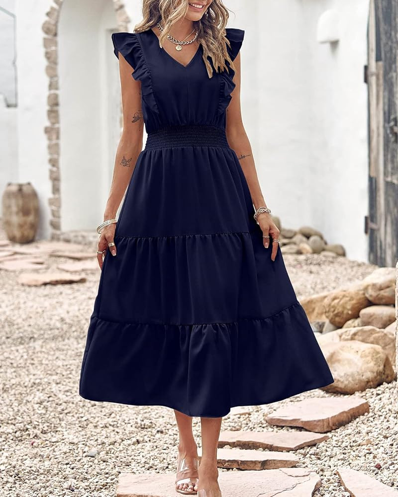 BTFBM Women's Ruffle Trim Sleeveless V Neck Maxi Long Dress Elastic Waist Pleated Swing Aline Elegan | Amazon (US)