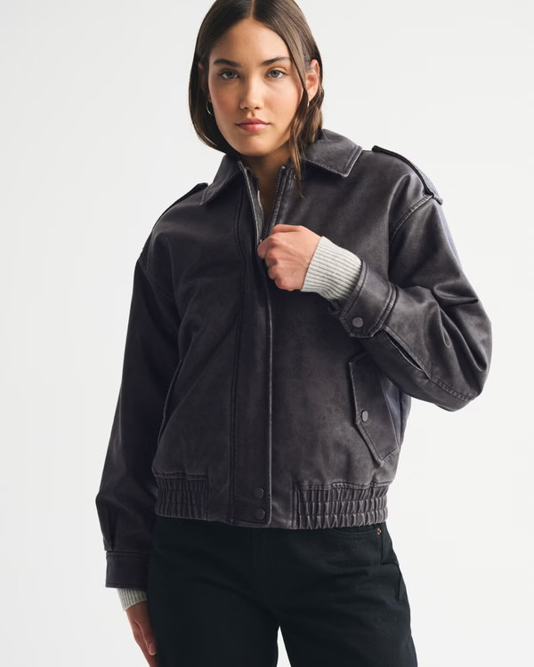 Vegan Leather Distressed Bomber Jacket | Abercrombie & Fitch (US)