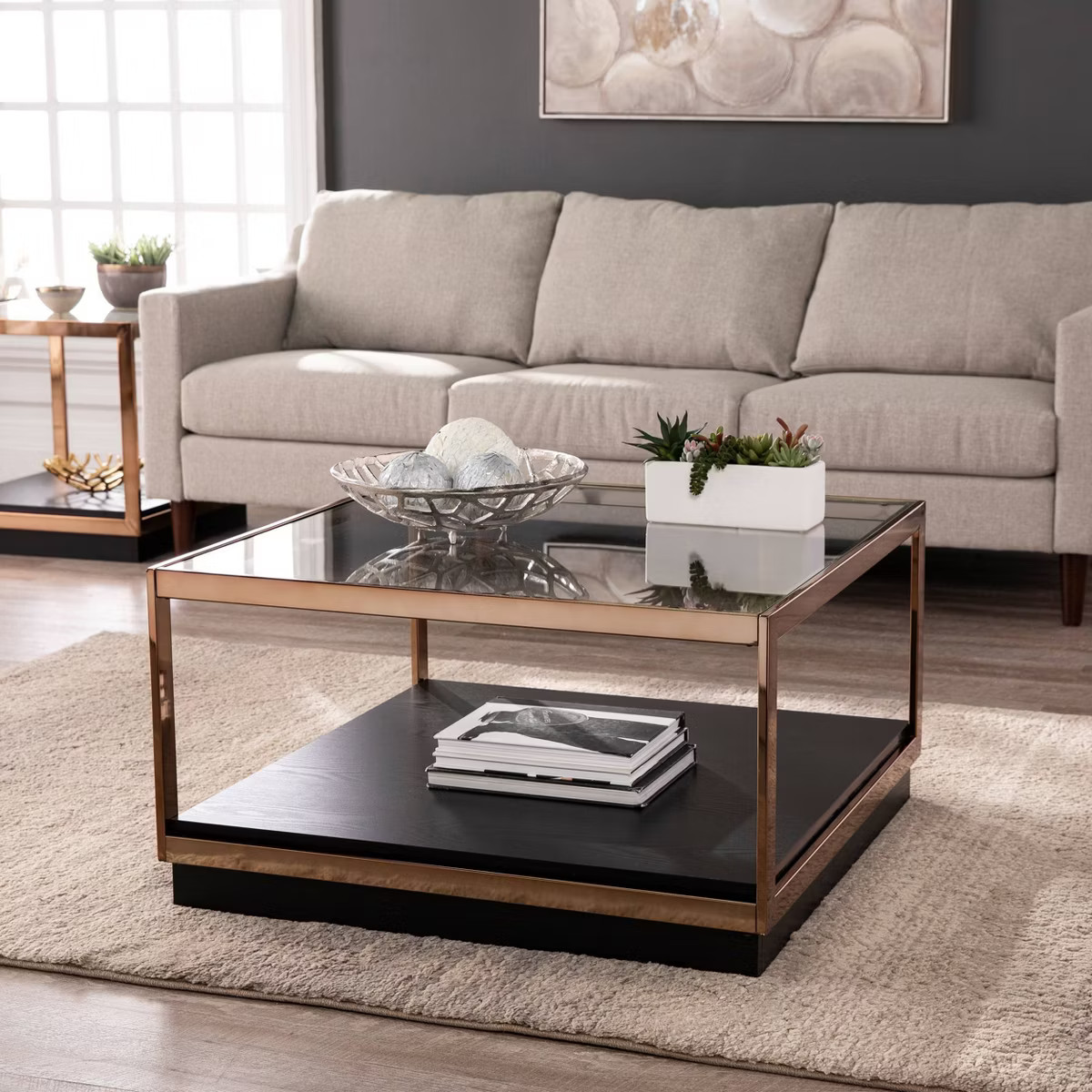 Lexing Glass Top Cocktail Table Champagne - Aiden Lane: Square, Transitional Style, Metal Frame | Target