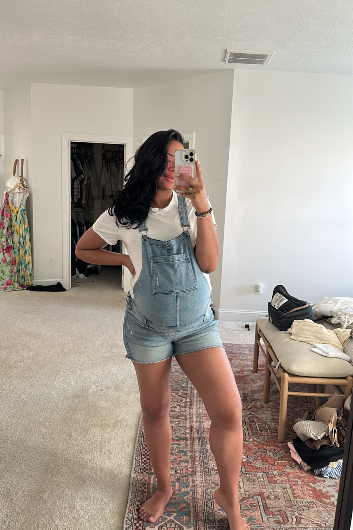 Maternity overall outfit. This is a cute bumped it for the summer.

#LTKbaby #LTKsalealert #LTKbump