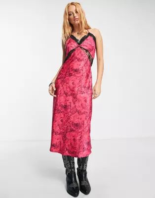 Reclaimed Vintage inspired satin jacquard cami dress in pink rose print | ASOS (Global)