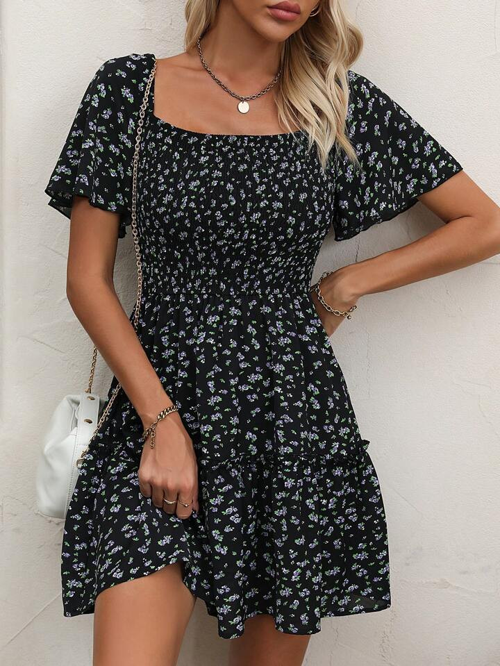 SHEIN VCAY Ditsy Floral Print Scoop Neck Ruffle Hem Dress | SHEIN