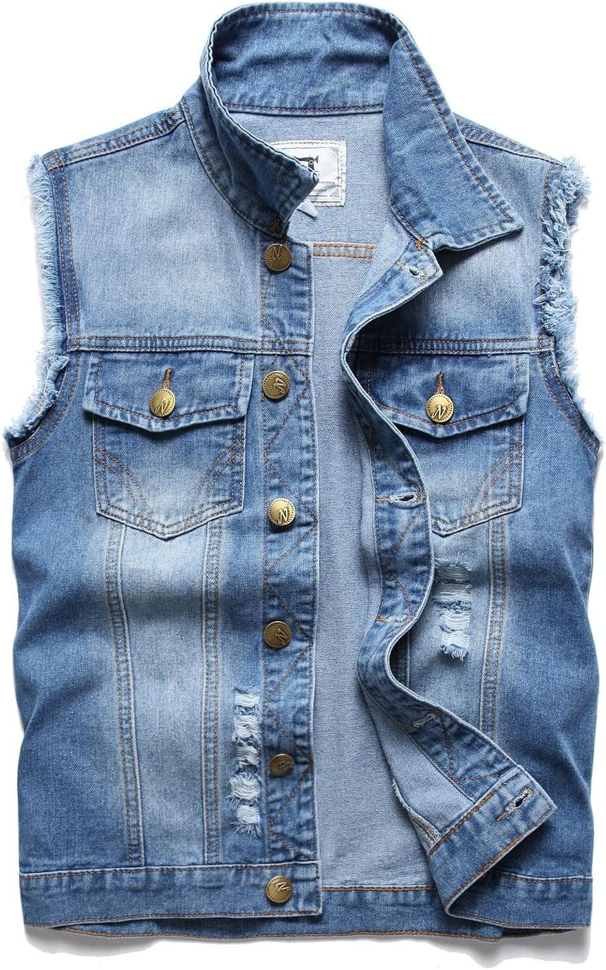 JUDIGODR Denim Vest Men Lapel Sleeveless Slim Fit Retro Ripped Casual Jean Vest for Men's | Amazon (US)