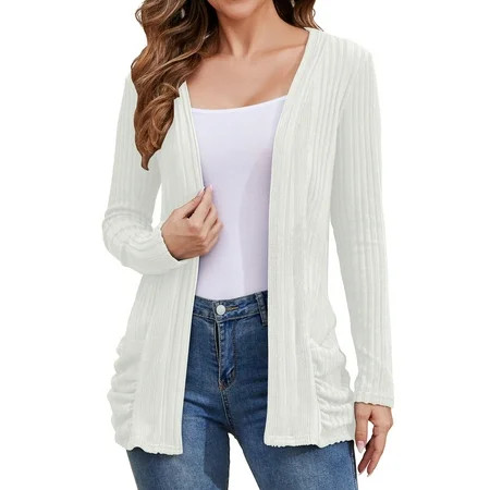 HOWCOME Long Sleeve Cardigans for Women Lightweight Open Front Cardigan Sweaters Casual Knit Coat Large White | Walmart (US)