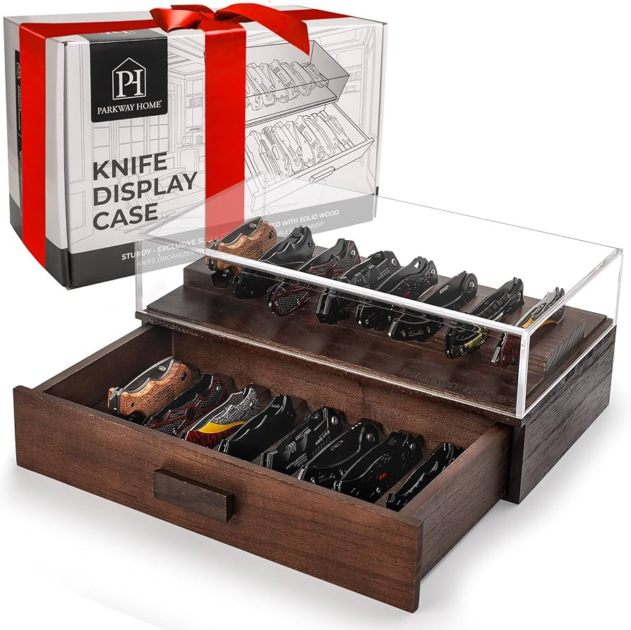 Pocket Knife Display Case for 16 Knives - Wooden Knife Collection Case Clear Cover - Two-Tier Kni... | Amazon (US)