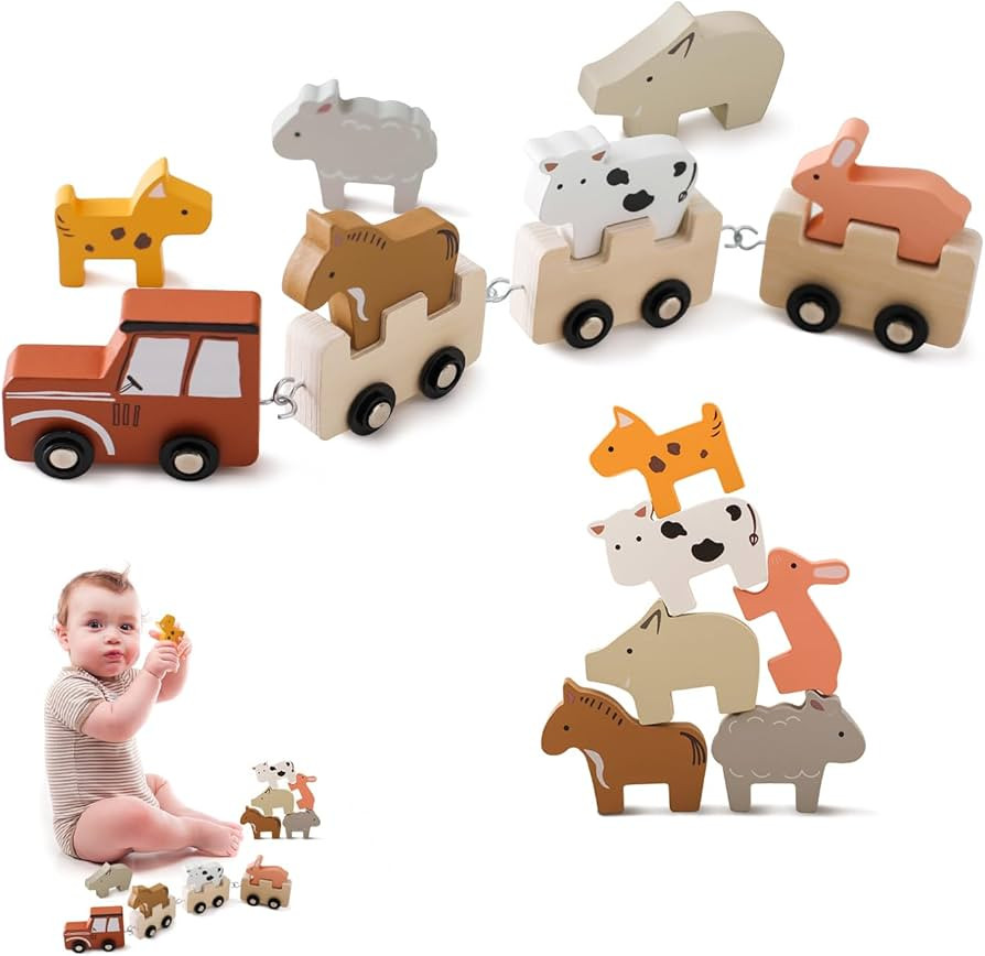 Amazon.com: Wooden Train Set for Toddlers Animal Train Toys, Montessori Toys for Baby Toddler Tra... | Amazon (US)