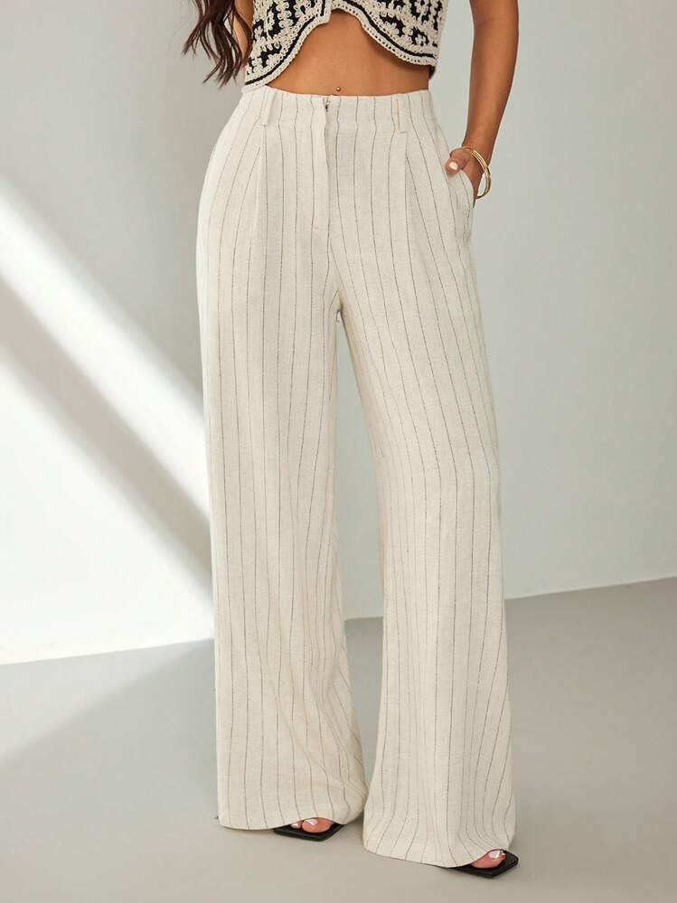 Poéselle Sophisticated Striped Wide Leg Pants - A Chic Choice For Effortless Elegance, Linen Pants, Women's Wide Leg Pants, Striped Pants, Cropped Casual Look, High Waisted Fashion, Comfortable Workwear Style | SHEIN