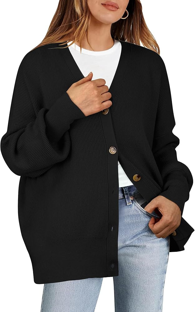 ANRABESS Open Front Oversized Button Lightweight Long Sleeve v Neck | Amazon (US)