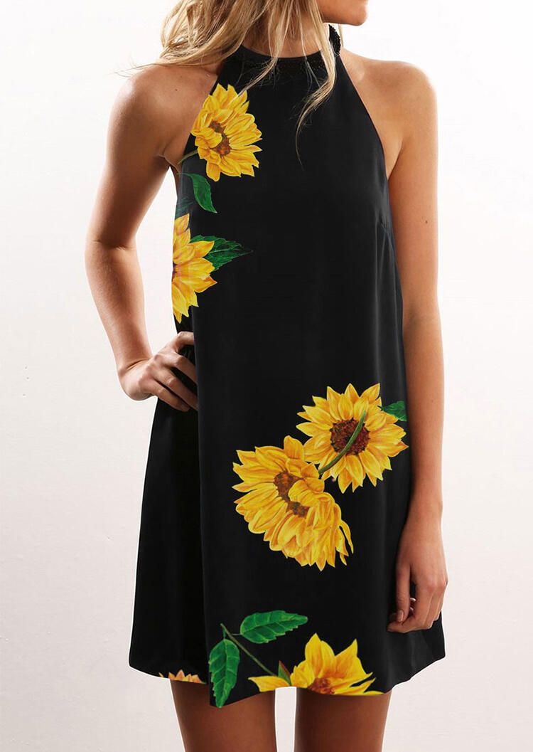 Sunflower Halter Casual Mini Dress - Black - Bellelily | Bellelily