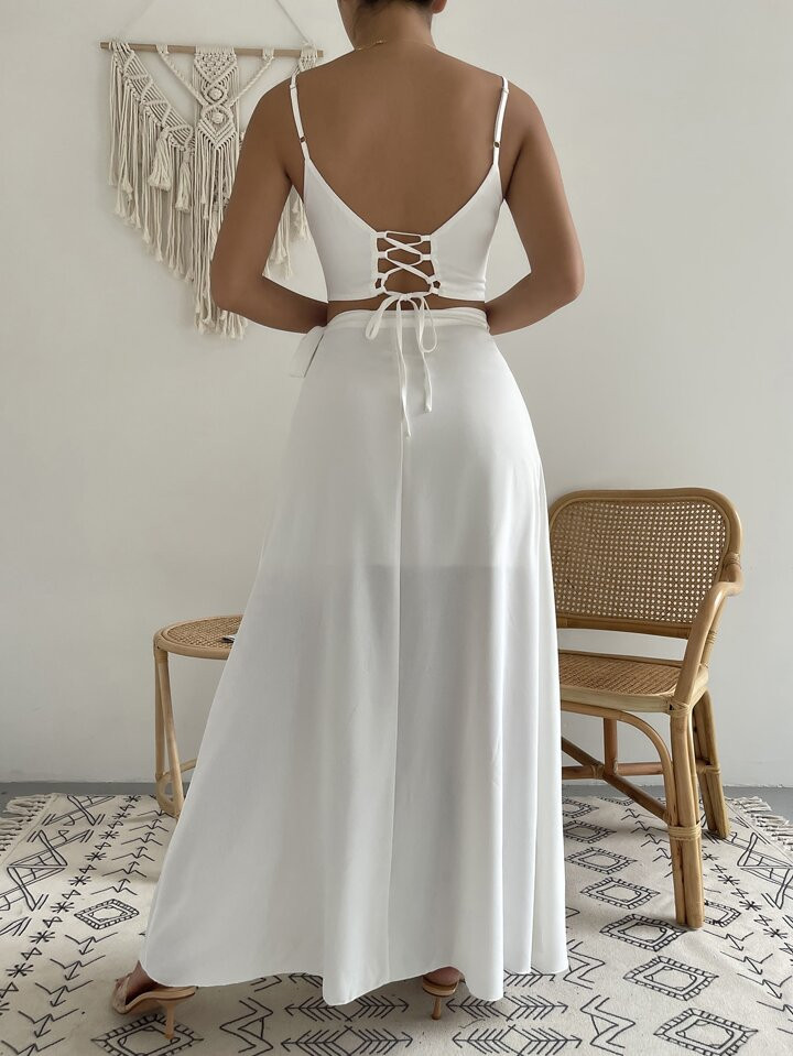 SHEIN VCAY Lace Up Side Crop Cami Top & Wrap Skirt | SHEIN