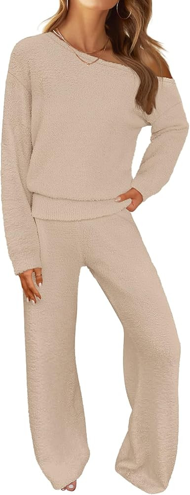 MEROKEETY Women's Fall Pajama Set Fuzzy Fleece 2 Piece Loungewear Off Shoulder Sweater Tops Wide ... | Amazon (US)