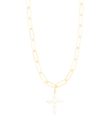 Made In Italy 18kt Gold Plated Sterling Silver Pearl Cross Necklace | TJ Maxx