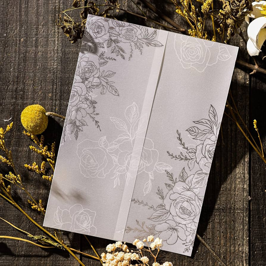 Puremigo 50 Pack Pre-Folded Vellum Jackets for 5x7 Invitations - Silver Rose - 115GSM Vellum Pape... | Amazon (US)