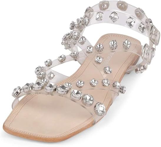 Jeffrey Campbell Calath Women Studded Flat Sandals Clear Nude Pearl Open Sandals | Amazon (US)