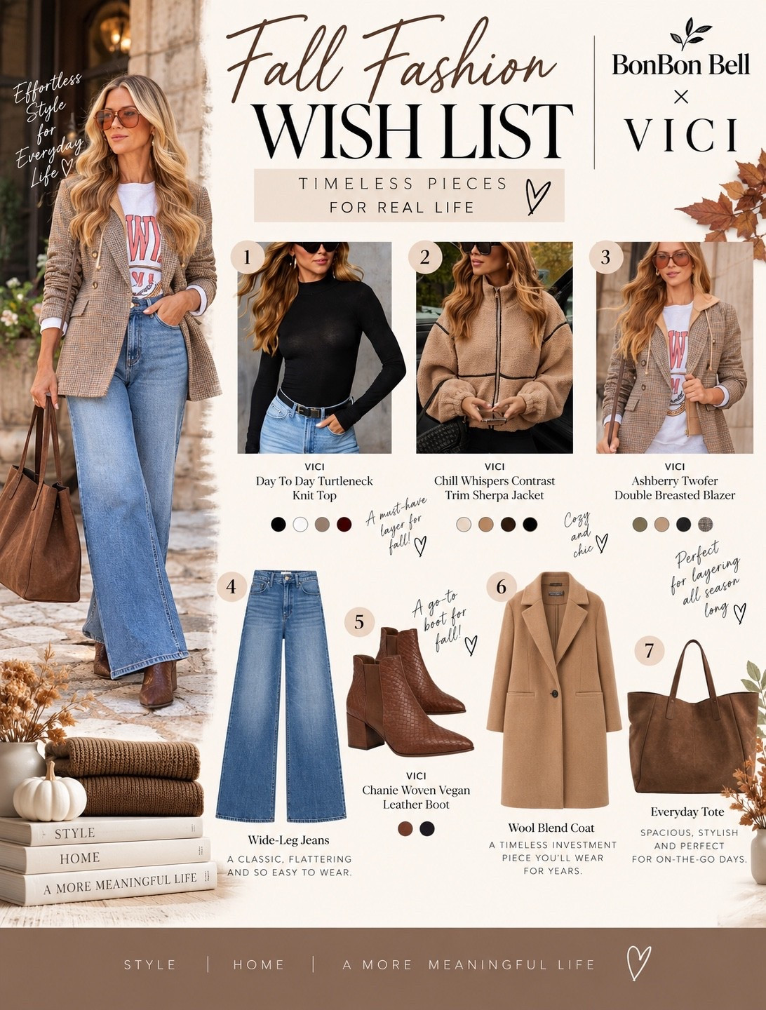 My VICI fall fashion wish list is coming together. 🤎🍂 These are the pieces I selected for an upcoming collaboration, and I couldn’t wait to share a little preview!

I chose pieces that feel very me—classic, wearable and easy to mix into an everyday wardrobe. The black turtleneck, cozy sherpa jacket, tailored plaid blazer and those gorgeous brown boots are all headed my way. ✨

I’ll be styling everything once it arrives, so consider this your sneak peek. Which piece would you wear first—1, 2, 3 or 5?

Shop my VICI picks below. 🤎

#LTKFashion #LTKFallStyle #LTKStyleTip #VICI #FallFashion #FallStyle #ClassicStyle #EverydayStyle #AgelessStyle #BonBonBell