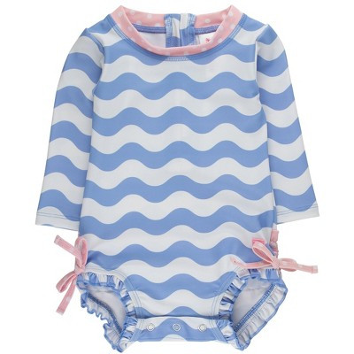 RuffleButts Baby/Toddler Girls UPF50+ Long Sleeve One Piece Rash Guard - Periwinkle Blue Wavy Stripe, 3-6m | Target