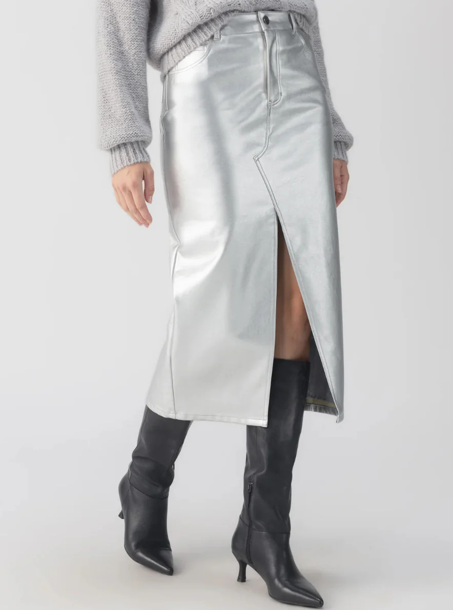 Silver Faux Leather Midi Skirt | Refinery