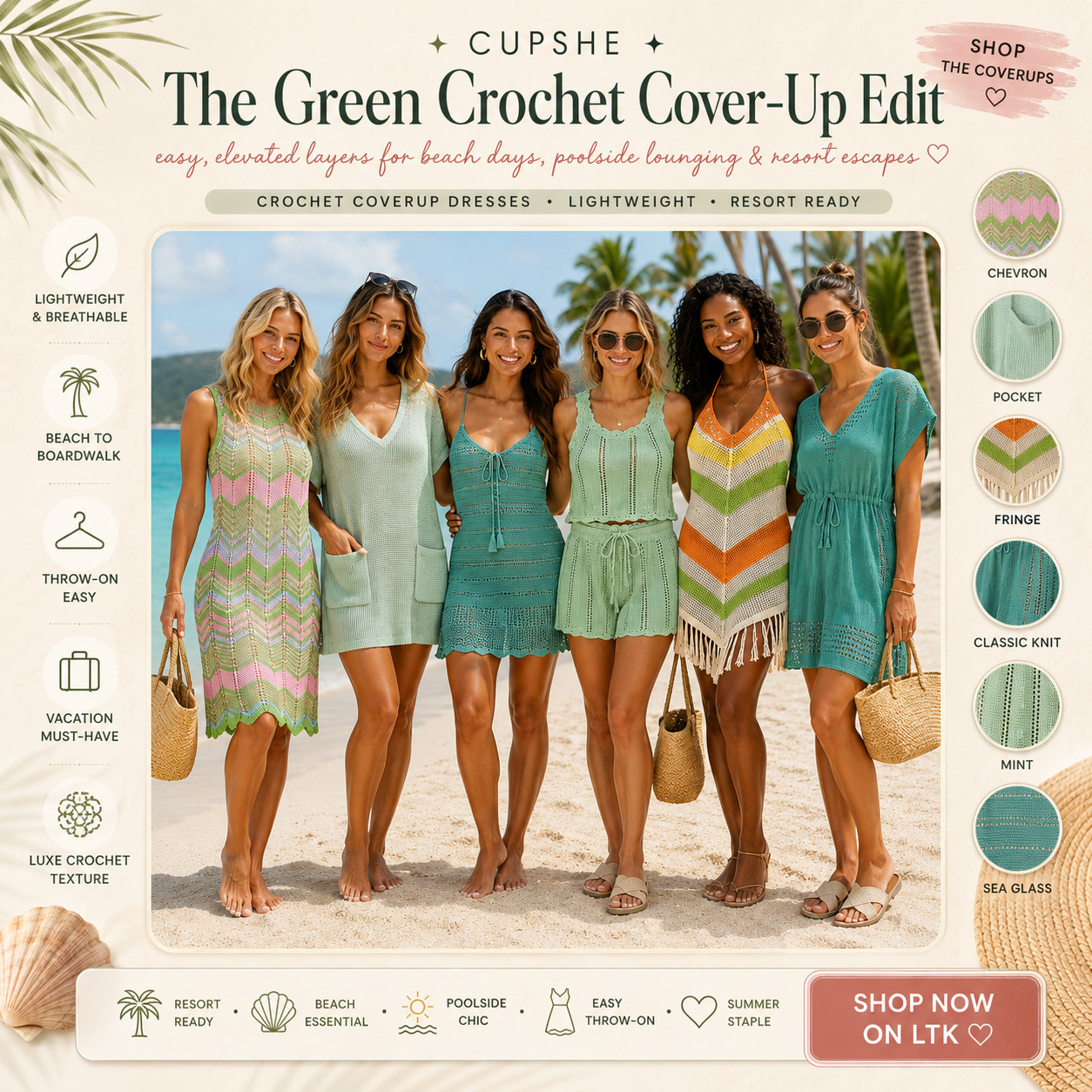 @Cupshe Summer | Green Crochet Dress Swimsuit Coverups

The green crochet cover-up lineup that makes your beach look feel fresh, elevated, and instantly vacation-ready. ☀️ 

These CUPSHE green crochet cover-ups are perfect when you want something lightweight, breathable, and easy to throw on over a swimsuit — but still cute enough to make the whole outfit feel styled. 

The crochet texture gives that luxe resort feel, the green tones feel soft and summery, and the mix of chevron, pocket, fringe, classic knit, mint, and sea glass styles makes it easy to find the cover-up that fits your beach-day vibe.

This is the edit to check first for beach days, poolside lounging, resort trips, cruises, lake weekends, tropical vacations, boardwalk walks, beach bars, and vacation outfits you want to pack once and rewear. 

It solves the “I need a cover-up that actually completes the look” problem — not just something to toss on, but something that makes your swimsuit outfit feel intentional, flattering, and photo-ready.

I love that these feel colorful without being loud. 

The green crochet gives that fresh summer energy while still looking polished, wearable, and easy to style with sandals, sunnies, a woven tote, gold jewelry, or a straw hat.

I pulled together the green cover-up styles worth checking first so you can skip the scroll and go straight to the pieces that feel the most flattering, versatile, and vacation-worthy.

📌 SAVE this for green crochet cover-ups, beach-to-boardwalk outfits, and resort-ready swim looks that feel styled with almost no effort.

↓ Everything is linked!

#LTKSaleAlert #LTKSwim #LTKTravel