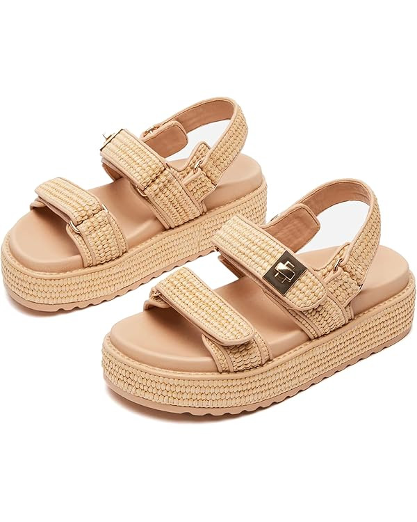 Raffia Platform Wedge Sandals for Women Comfortable Summer Beach Sandals Open Toe Slingback Platf... | Amazon (US)
