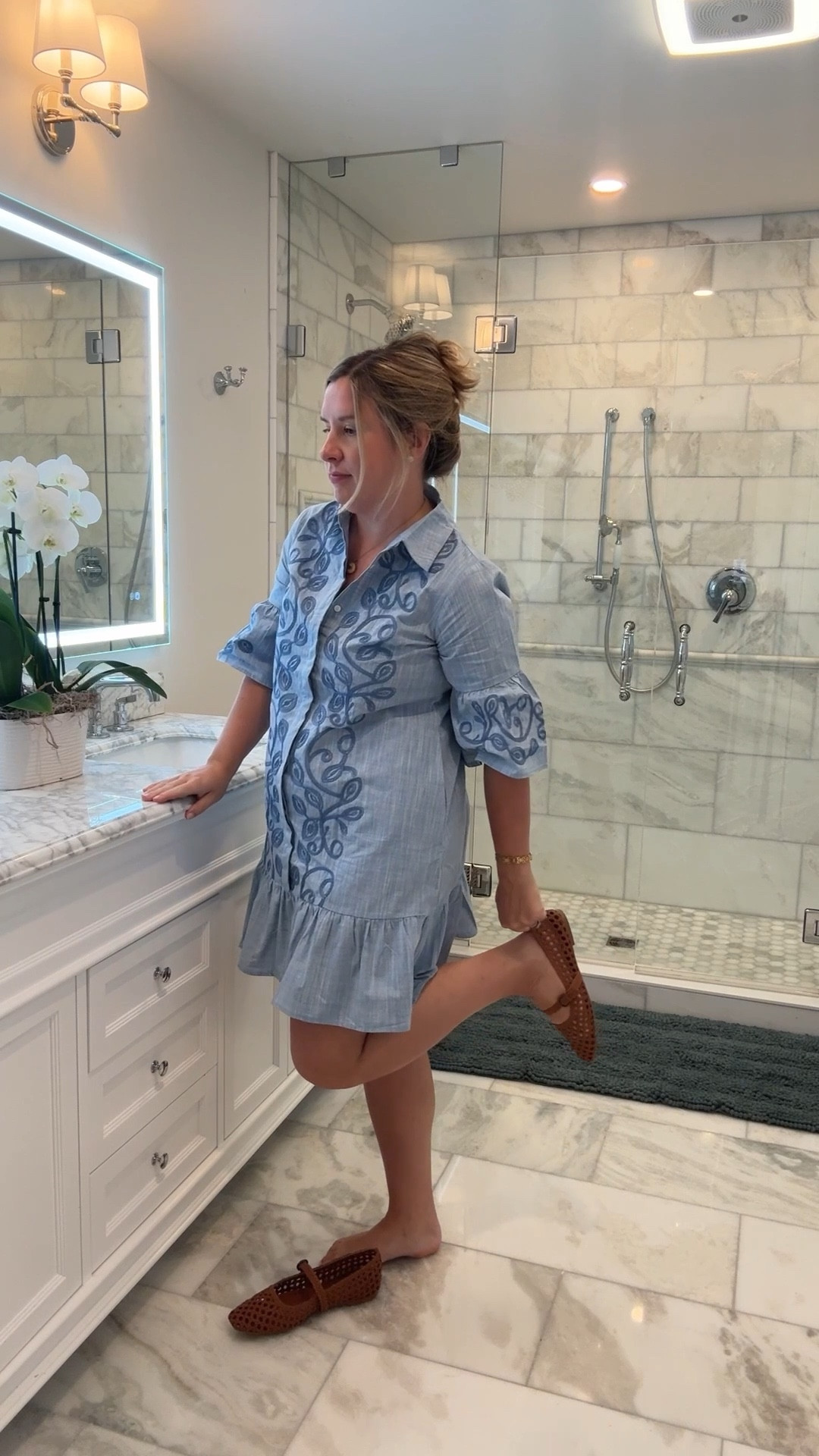 Prefall outfit, dress, mesh ballet flats, marble bathroom, white vanity, dress 

#LTKFindsUnder50 #LTKHome #LTKMidsize