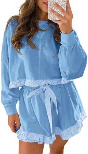 Fisoew Women's 2 Piece Lounge Sets Color Block Ruffle Cropped Sweatshirts Loose Drawstring Waist ... | Amazon (US)