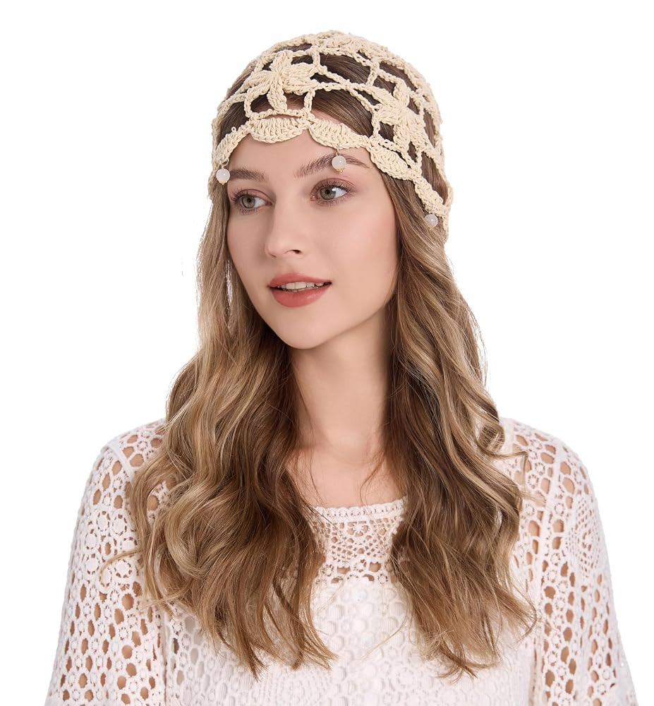 ZLYC Women Cotton Crochet Skull Cap Handmade Knit Cutout Floral Beanie Hat | Amazon (US)