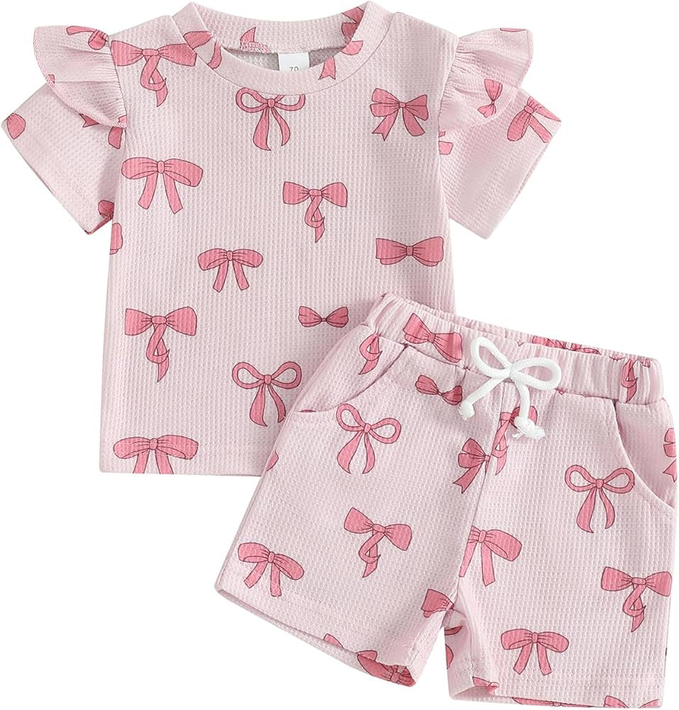 NZNDSHD Toddler Baby Girl Clothes Summer Bow Print Short Sleeve T-Shirt Tops Pockets Shorts Set W... | Amazon (US)