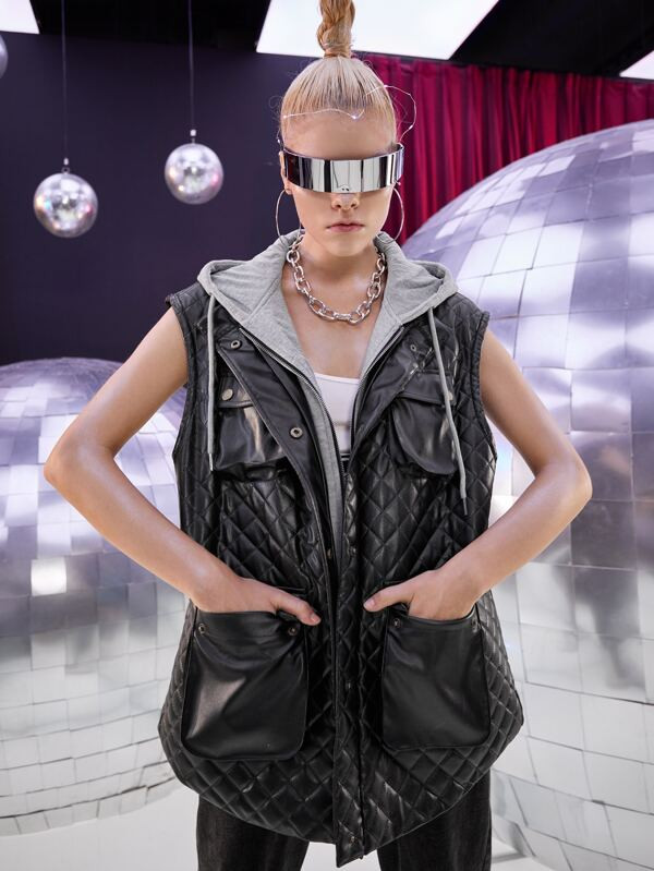 SHEIN Flap Pocket Button Front Drawstring Hooded PU Leather Coat | SHEIN