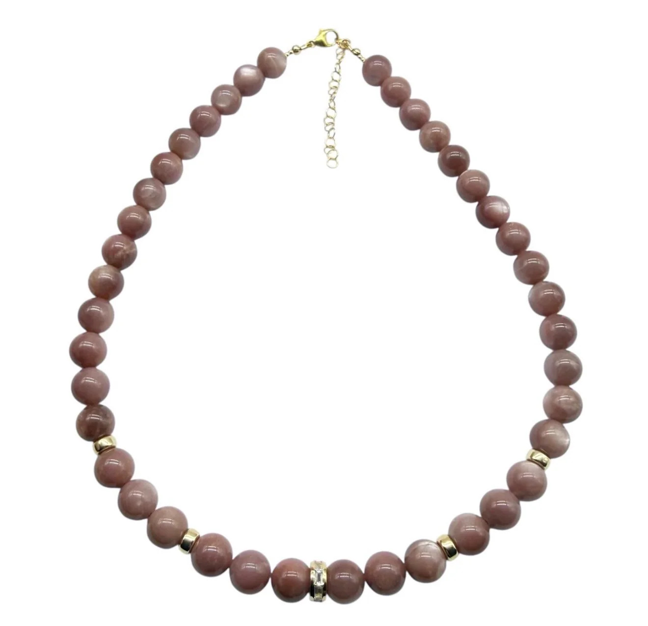 DUSTY ROSE MOONSTONE BEADED NECKLACE WITH GOLD BEADS &amp; MOONSTONE FOCAL – SHAKTI | SHAKTI JEWELRY