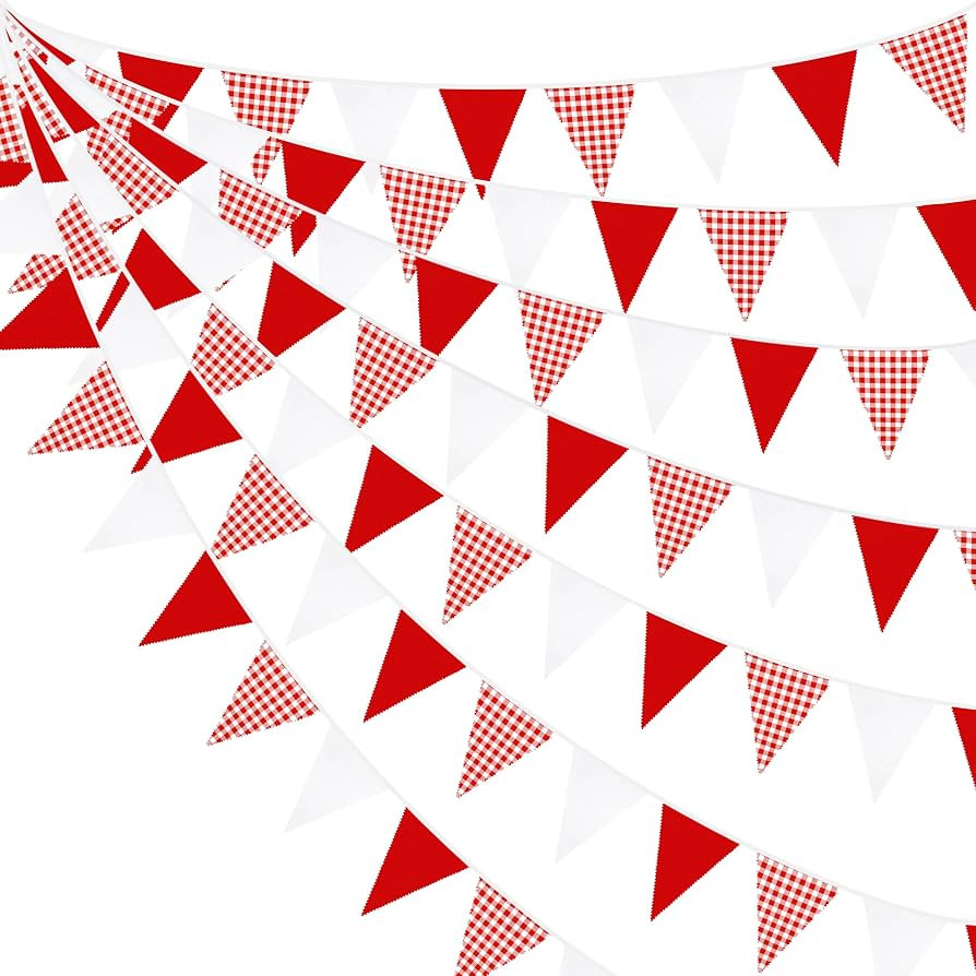 32Ft Red Party Decorations Red Plaid Checkered White Triangle Flag Gingham Pennant Bunting Fabric... | Amazon (US)
