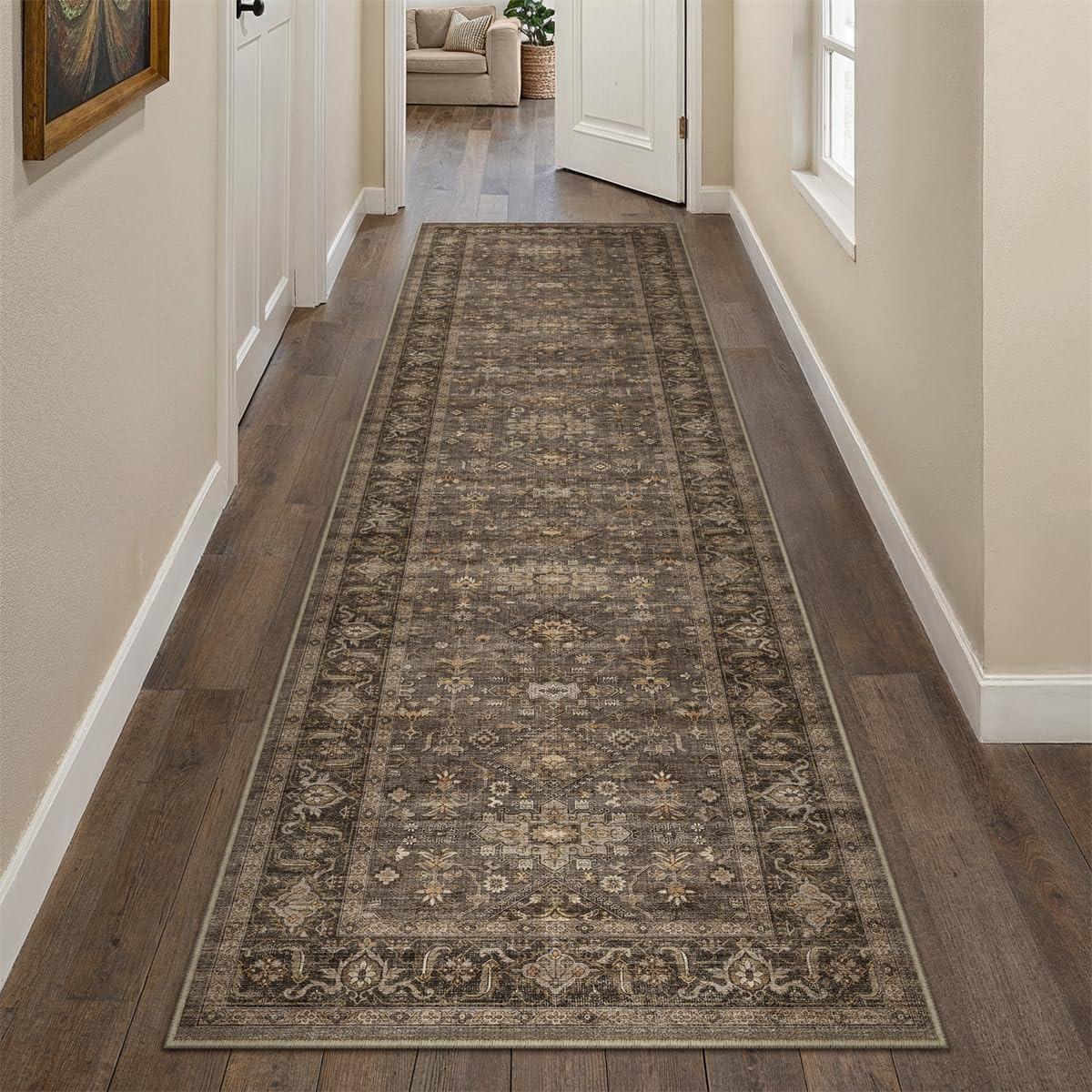 2'6x10 Washable Runner Rug for Hallway Kitchen Vintage Brown Non Slip Low Pile Carpet Traditional... | Amazon (US)